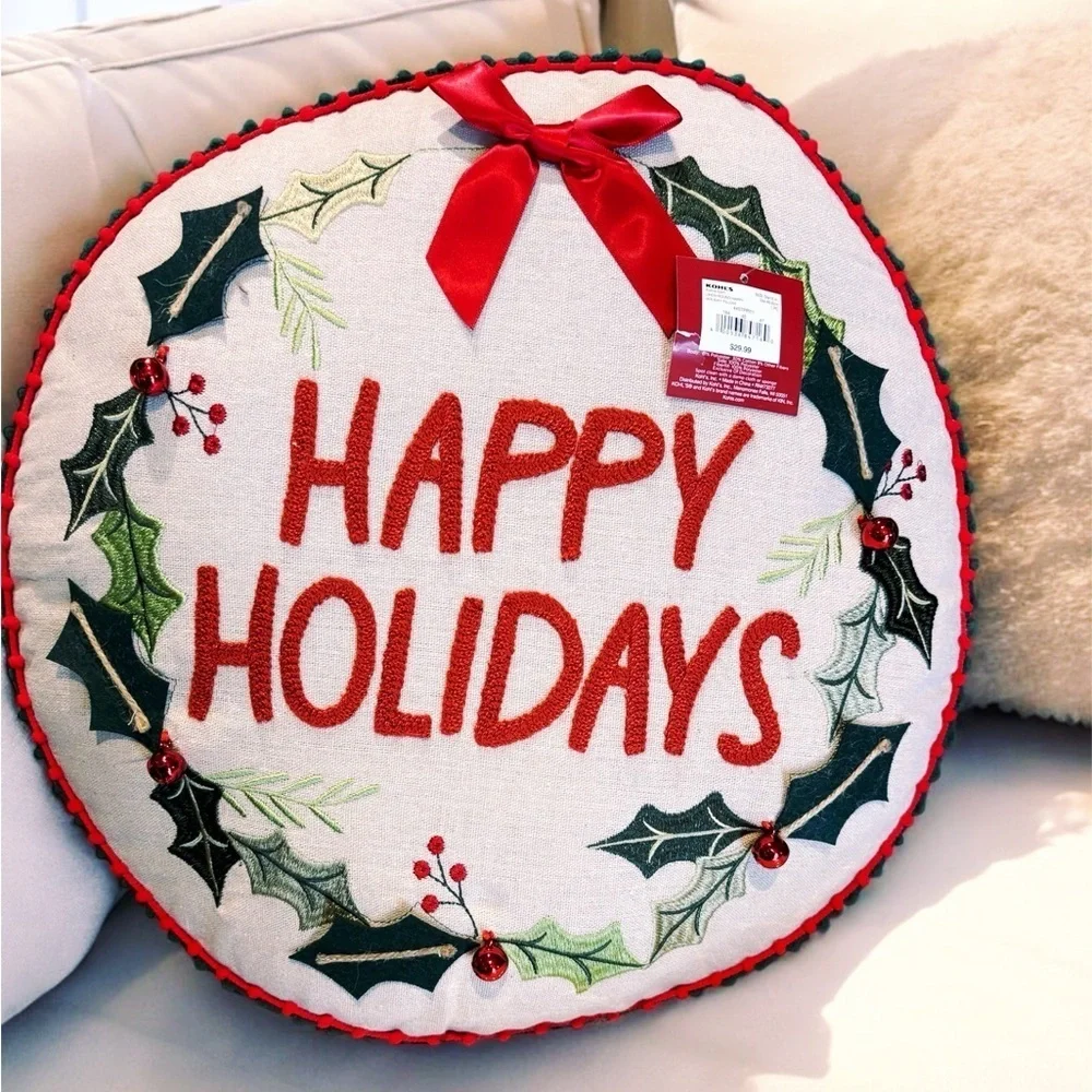 Round Happy Holiday Throw Pillow Linen St Nicholas Square® Red Bells Red Bow NWT